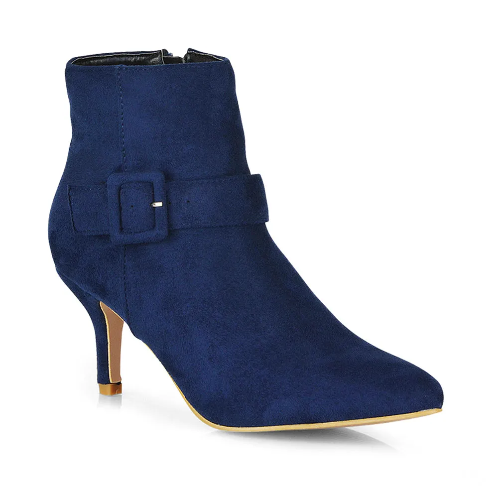 Lara Buckle Detail Pointed Toe Low Stiletto High Heel Ankle Boots In Navy