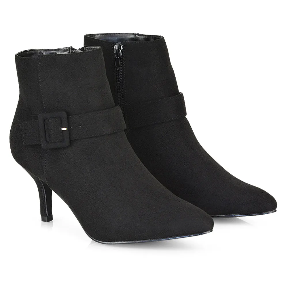 Lara Buckle Detail Pointed Toe Low Stiletto High Heel Ankle Boots In Navy