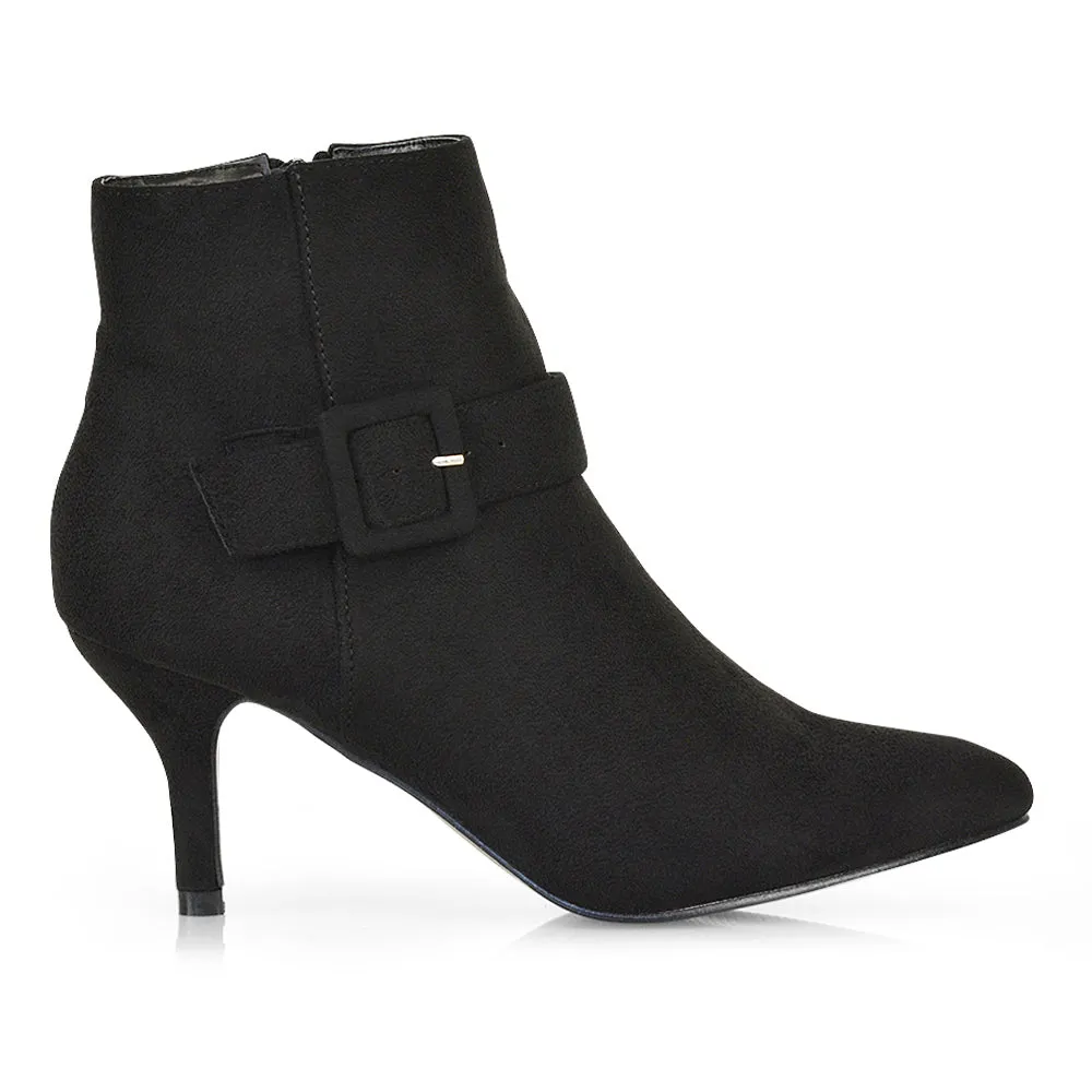 Lara Buckle Detail Pointed Toe Low Stiletto High Heel Ankle Boots In Navy