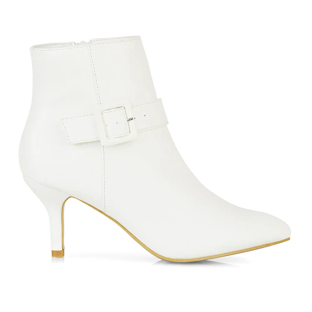 Lara Buckle Detail Pointed Toe Low Stiletto High Heel Ankle Boots In Navy