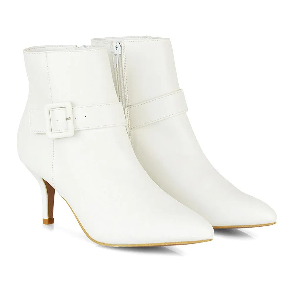 Lara Buckle Detail Pointed Toe Low Stiletto High Heel Ankle Boots In Navy