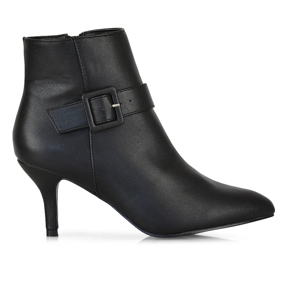 Lara Buckle Detail Pointed Toe Low Stiletto High Heel Ankle Boots In Navy