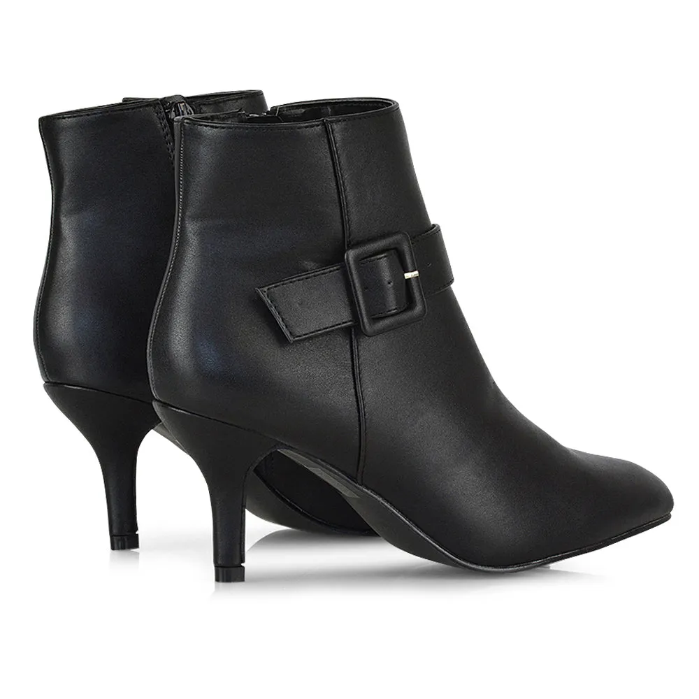 Lara Buckle Detail Pointed Toe Low Stiletto High Heel Ankle Boots In Navy