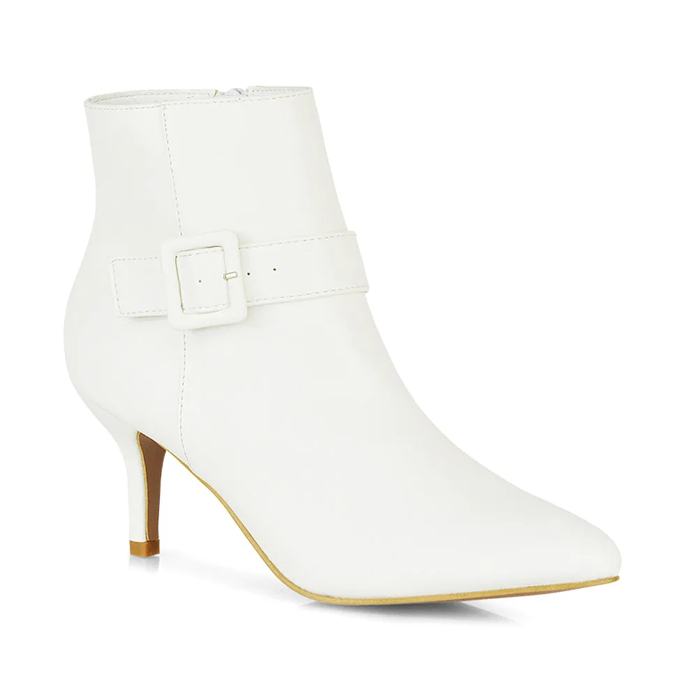 Lara Buckle Detail Pointed Toe Low Stiletto High Heel Ankle Boots In Navy
