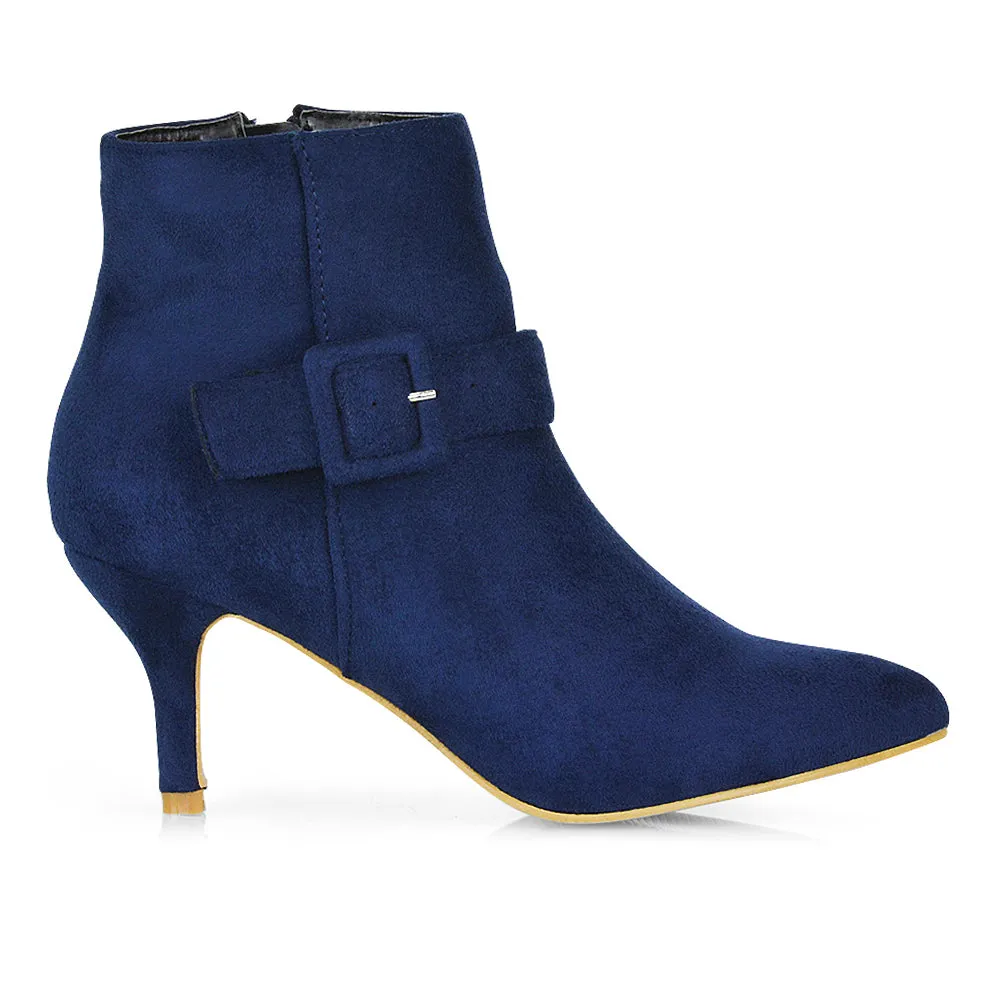 Lara Buckle Detail Pointed Toe Low Stiletto High Heel Ankle Boots In Navy