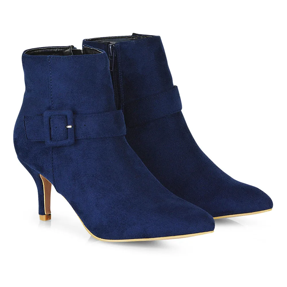 Lara Buckle Detail Pointed Toe Low Stiletto High Heel Ankle Boots In Navy