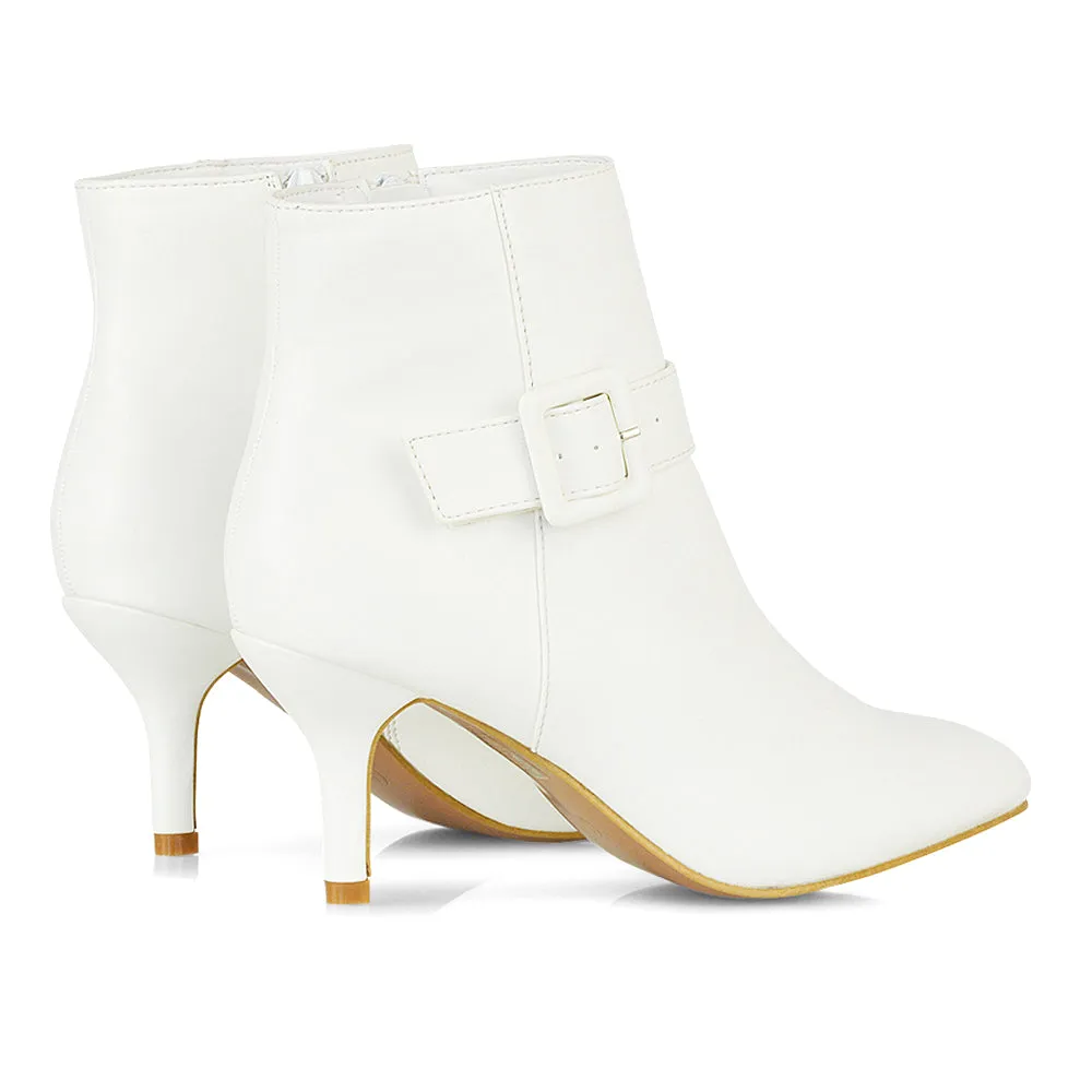 Lara Buckle Detail Pointed Toe Low Stiletto High Heel Ankle Boots In Navy