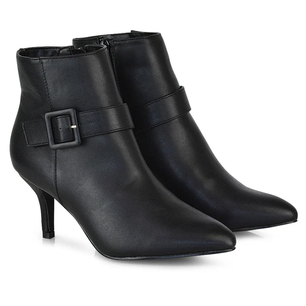 Lara Buckle Detail Pointed Toe Low Stiletto High Heel Ankle Boots In White
