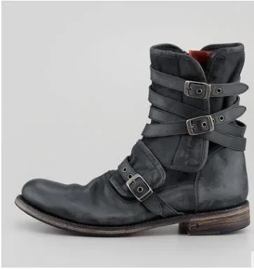 Leather Buckle Chunky Heel Calf Boots