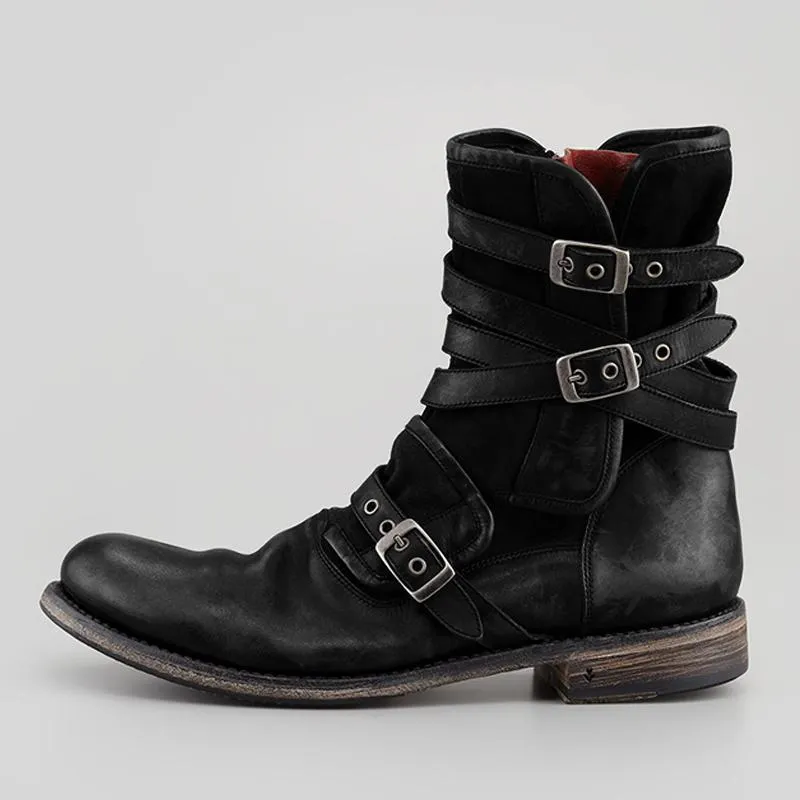 Leather Buckle Chunky Heel Calf Boots