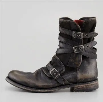 Leather Buckle Chunky Heel Calf Boots