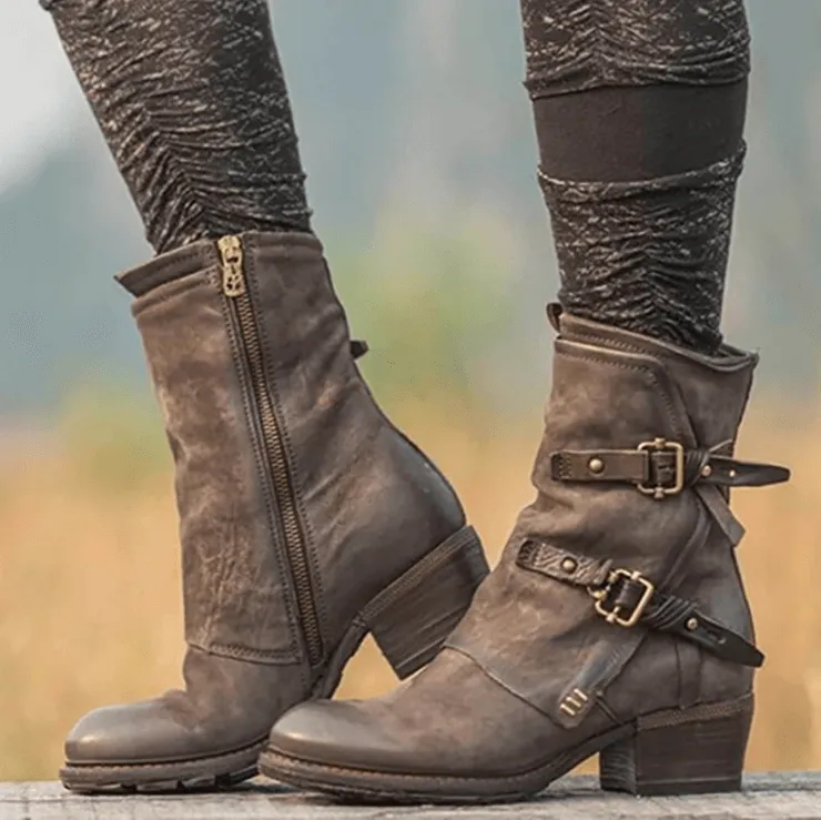 Leather Buckle Chunky Heel Calf Boots