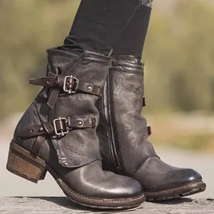 Leather Buckle Chunky Heel Calf Boots