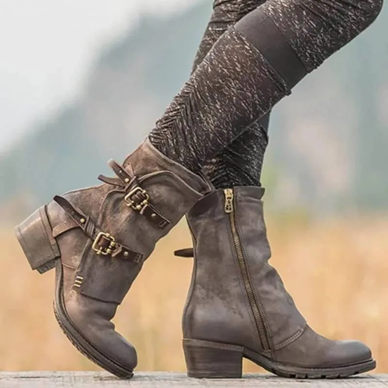 Leather Buckle Chunky Heel Calf Boots