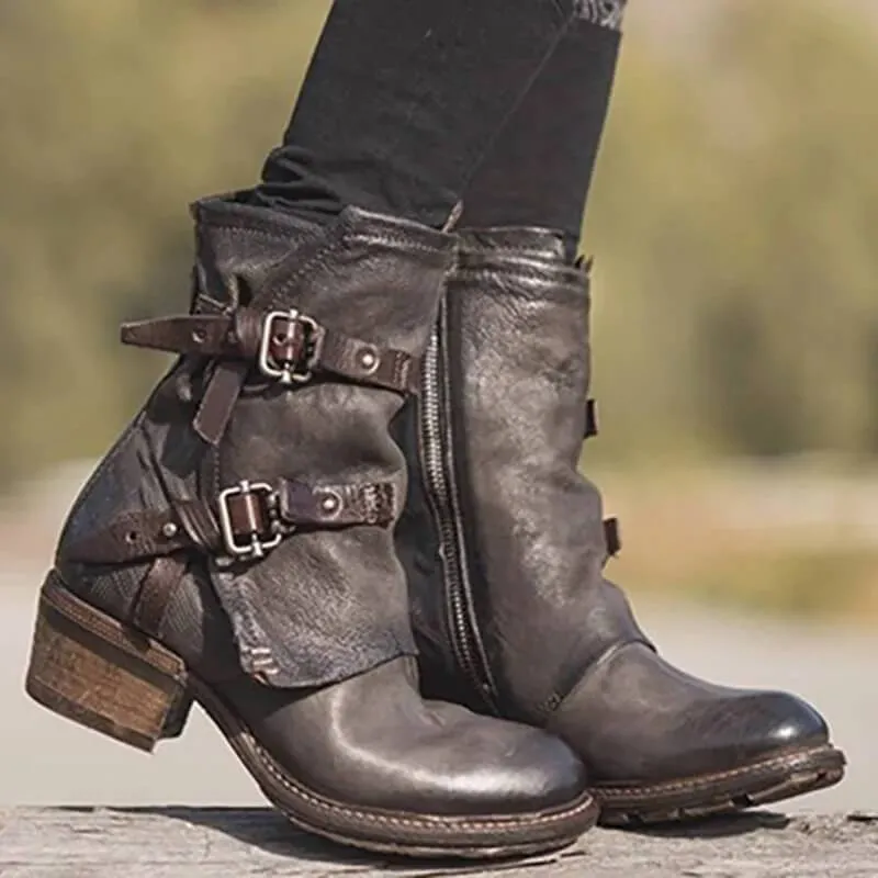 Leather Buckle Chunky Heel Calf Boots