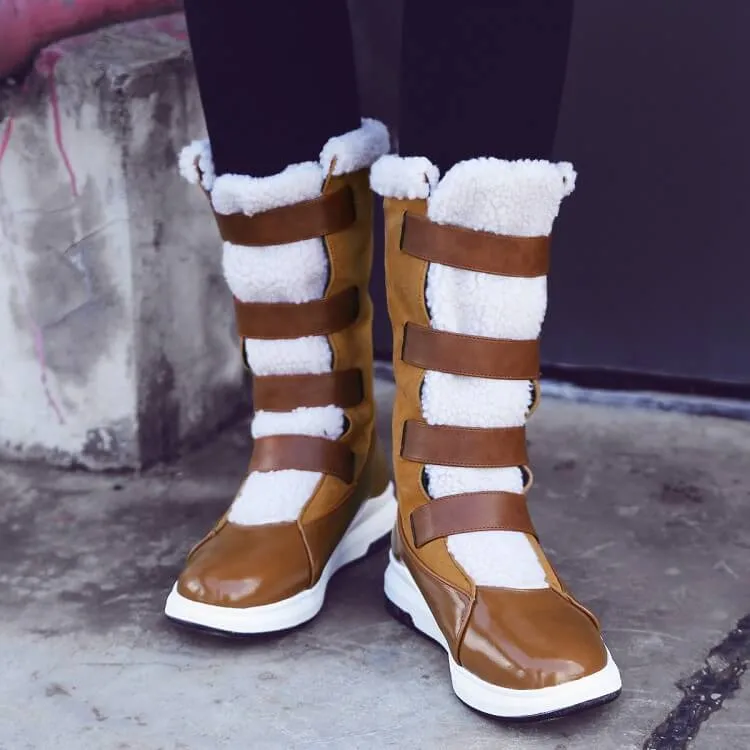 Leather Flat Velcro Round Toe Mid Calf Boots