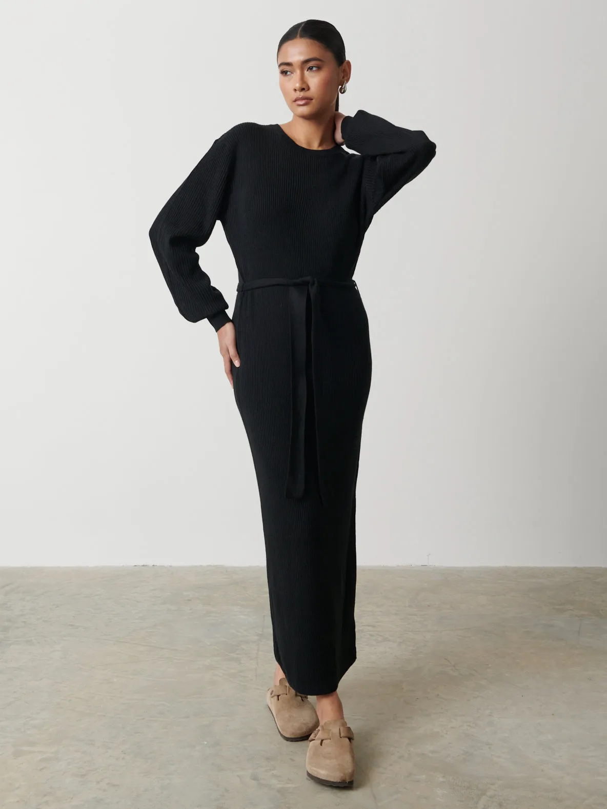 Mae Crew Neck Knit Dress - Black