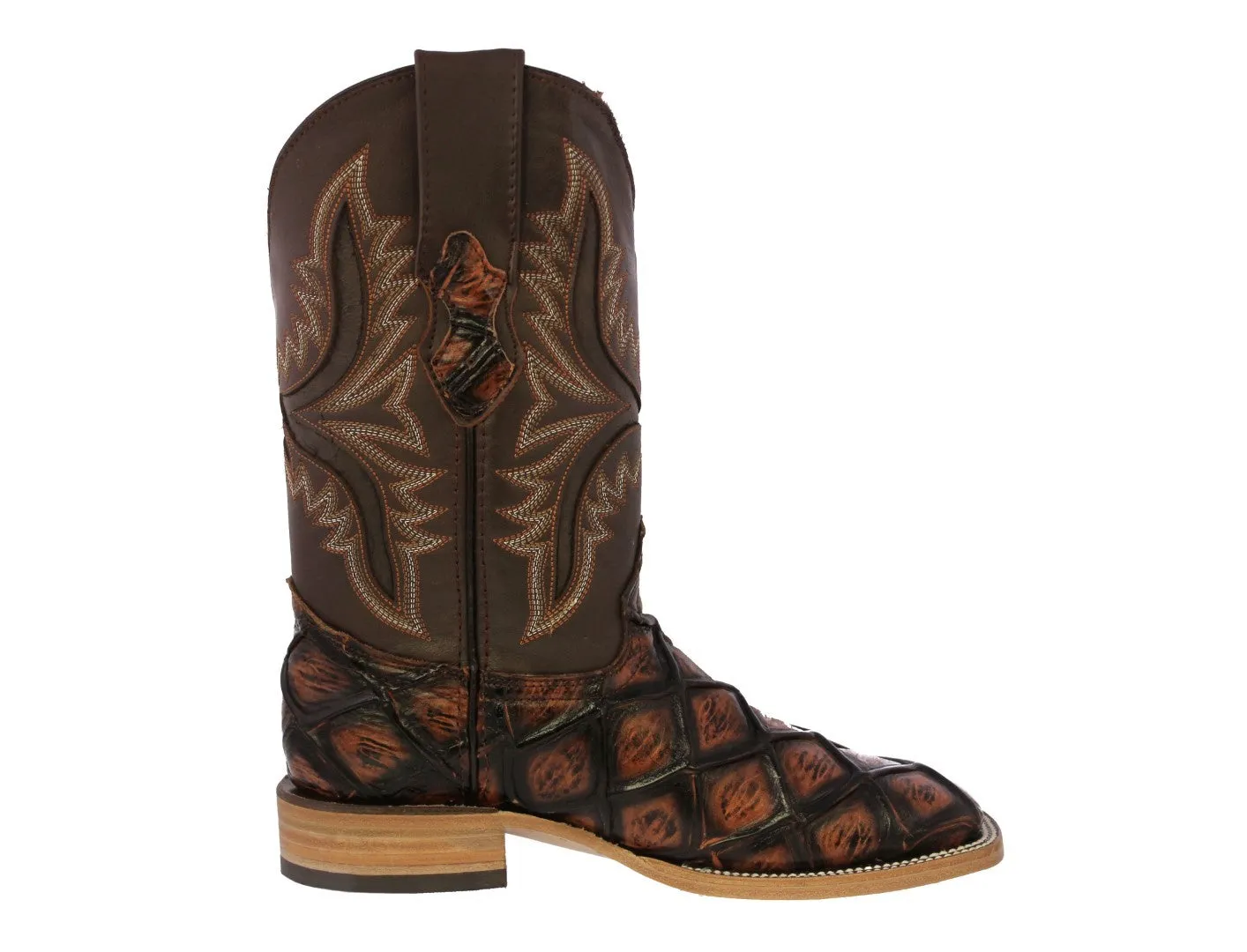 Mens Cognac Cowboy Boots Pirarucu Fish Print - Square Toe