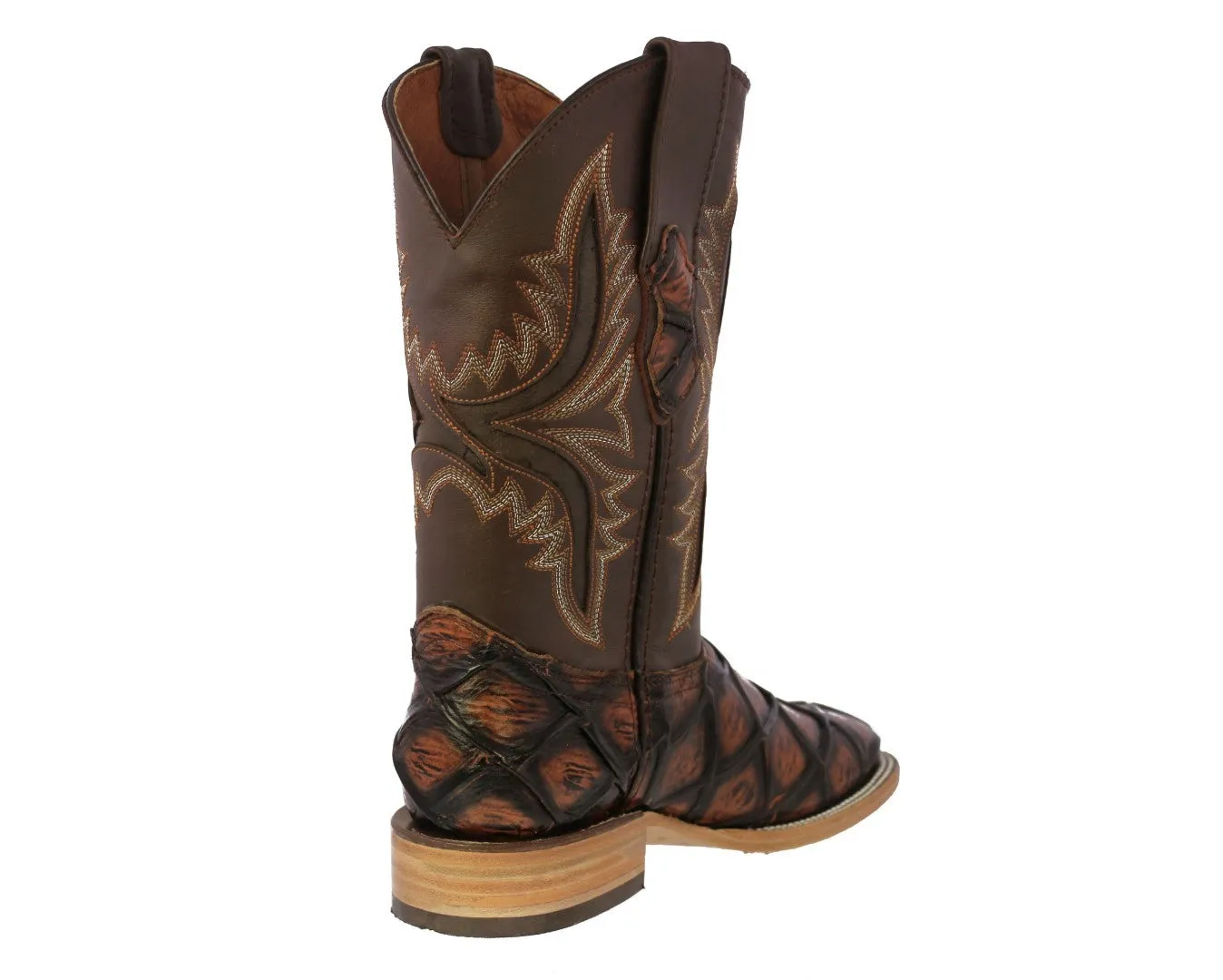 Mens Cognac Cowboy Boots Pirarucu Fish Print - Square Toe