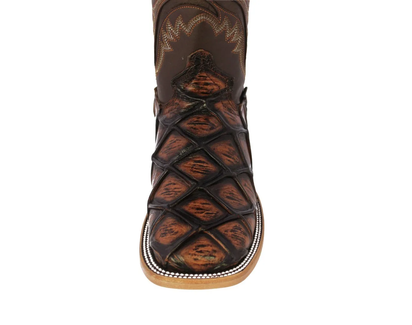 Mens Cognac Cowboy Boots Pirarucu Fish Print - Square Toe