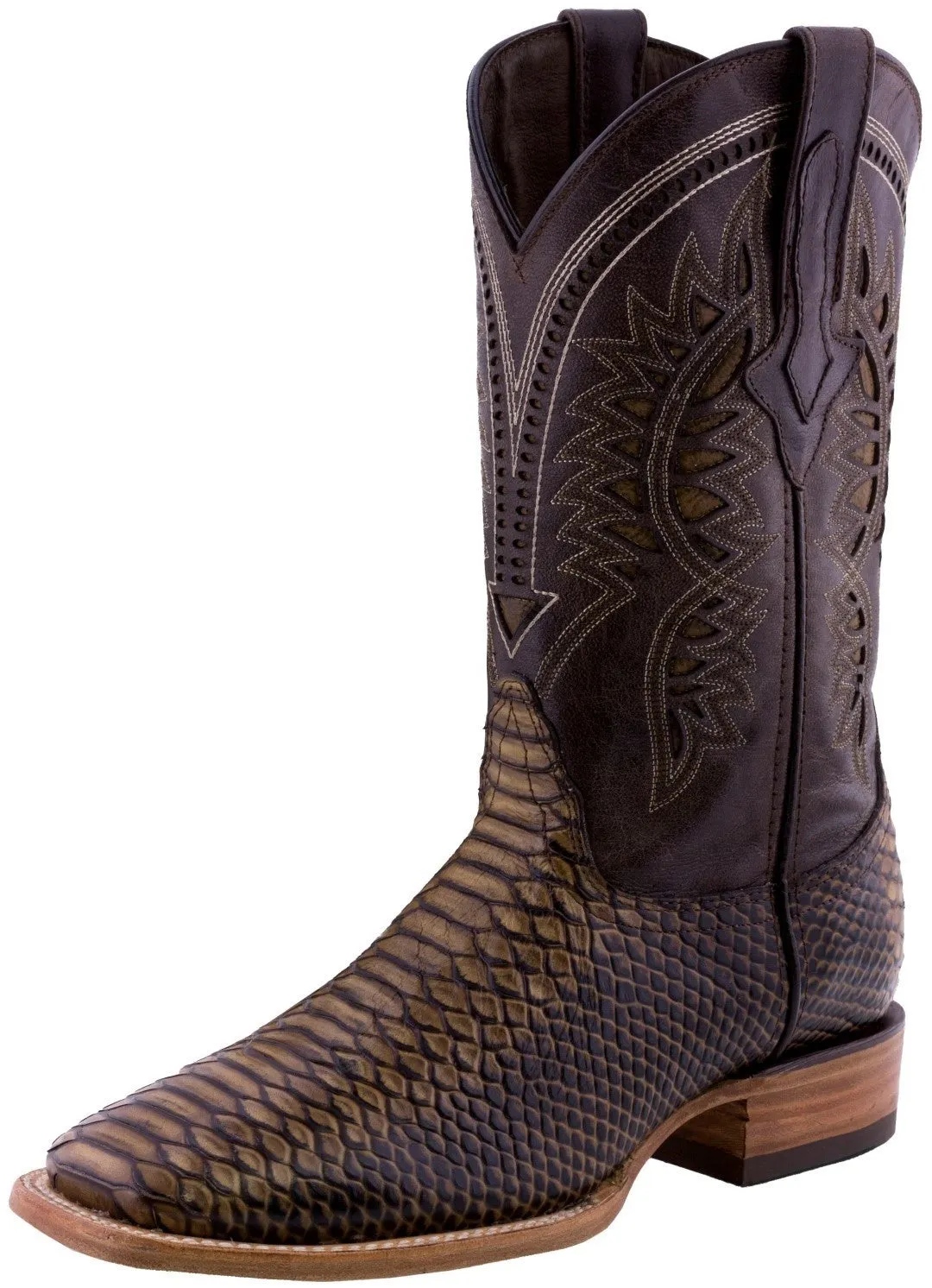 Mens Rustic Sand Snake Print Leather Cowboy Boots - Square Toe