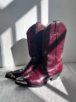 Merlot Cowboy Boots with Silver and Black Gem Detail