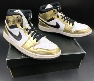Nike Jordan 1 Mid SE Men's 'Metallic Gold' White/Black Sneakers - Sz 8.5 ( COA)