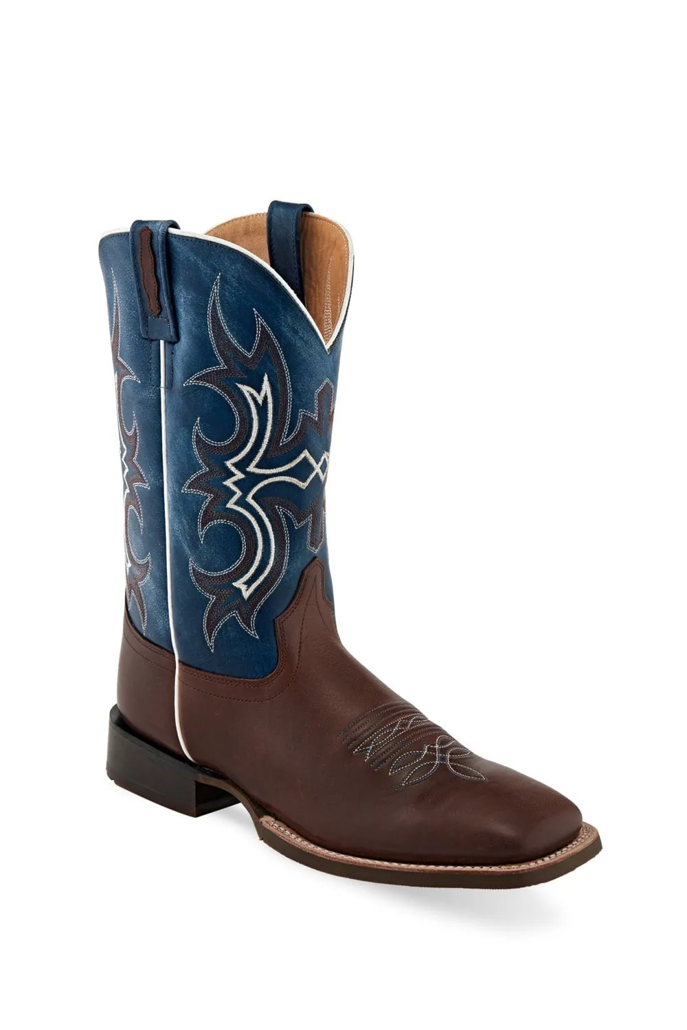 Old West Dark Brown/Wipe Out Blue Mens Leather 9in Cowboy Boots 7D