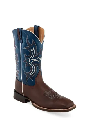 Old West Dark Brown/Wipe Out Blue Mens Leather 9in Cowboy Boots 7D