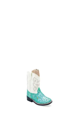 Old West Toddler Girls Square Toe Lake Blue/White Faux Leather Cowboy Boots