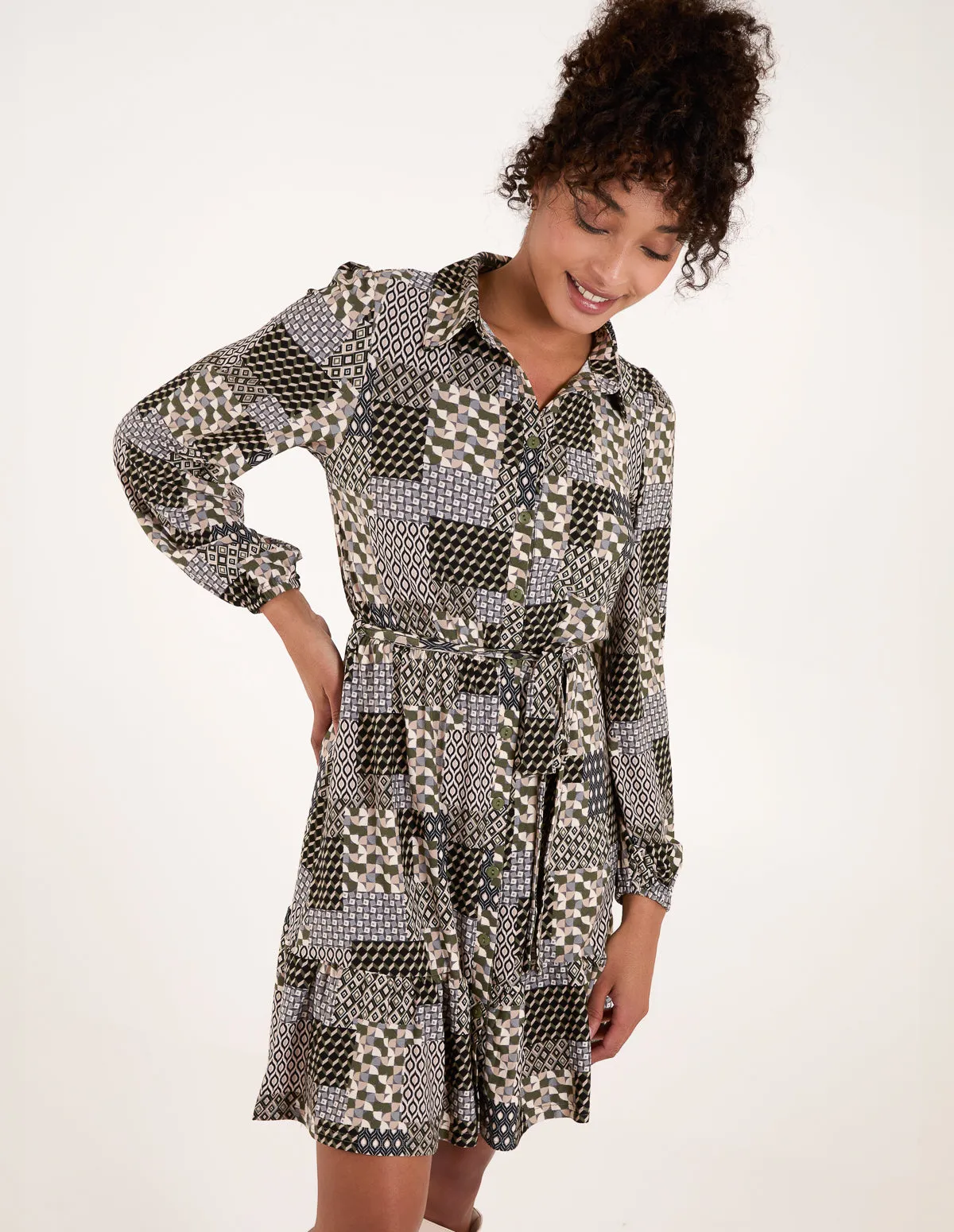 Patchwork Belted Mini Shirt Dress