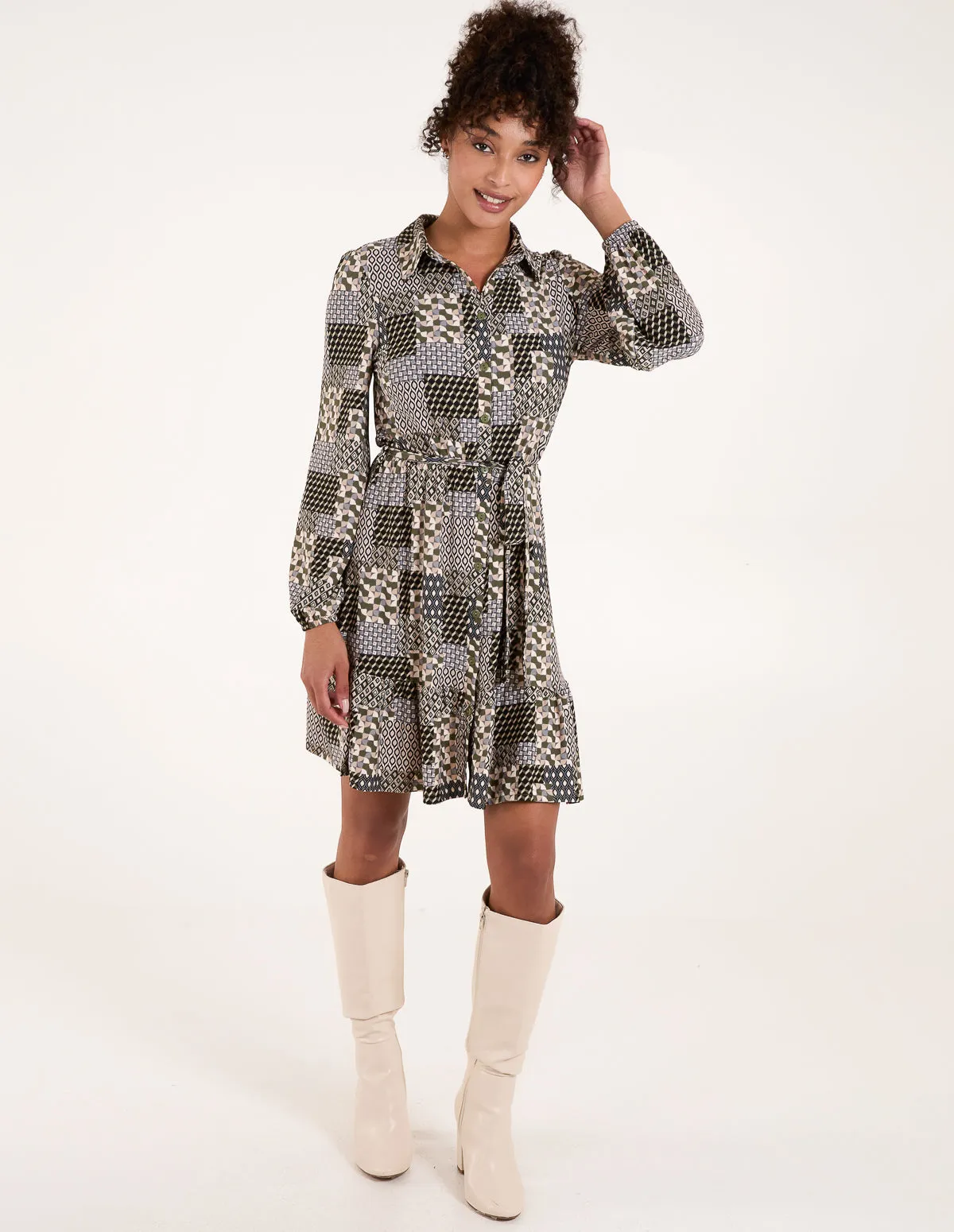 Patchwork Belted Mini Shirt Dress