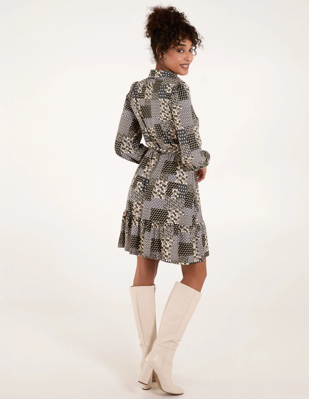Patchwork Belted Mini Shirt Dress