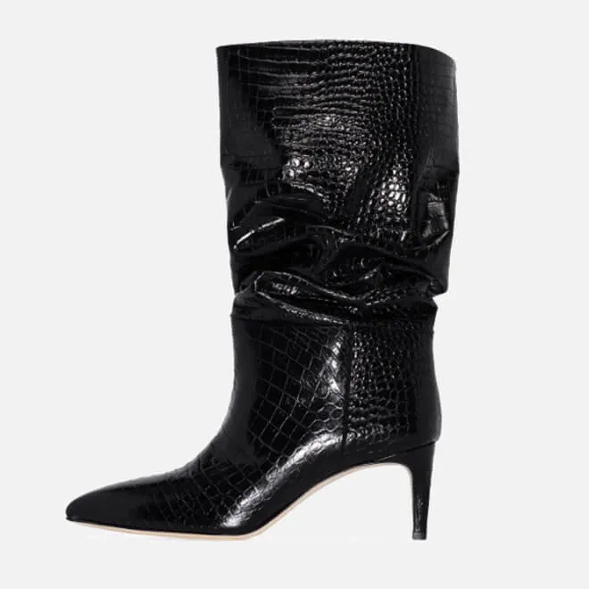 PU Point Toe Fold High Heel Calf Boots
