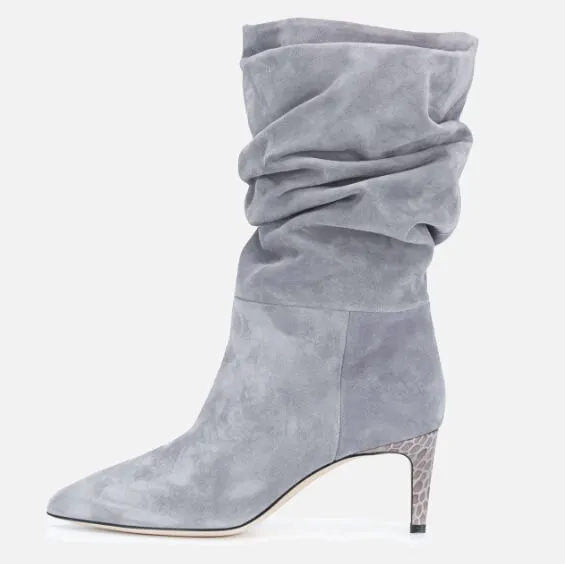 PU Point Toe Fold High Heel Calf Boots
