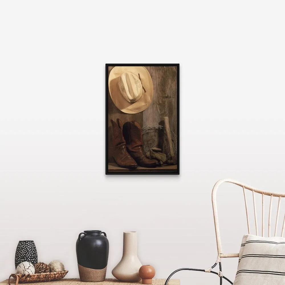 "Cowboy hat and boots, barbed wire and hammer" Black Float Frame Canvas Art