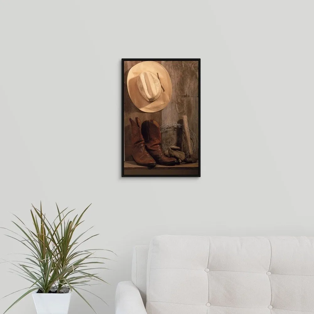 "Cowboy hat and boots, barbed wire and hammer" Black Float Frame Canvas Art