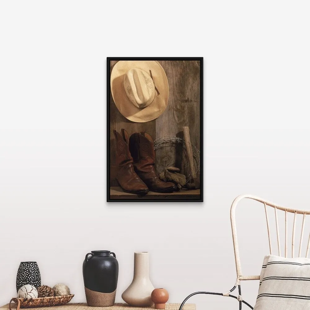 "Cowboy hat and boots, barbed wire and hammer" Black Float Frame Canvas Art