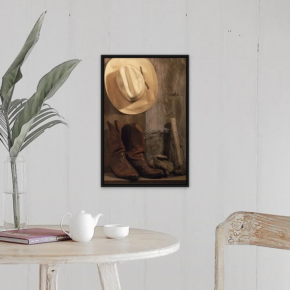 "Cowboy hat and boots, barbed wire and hammer" Black Float Frame Canvas Art