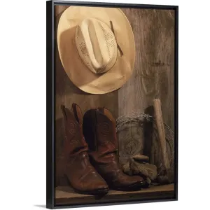"Cowboy hat and boots, barbed wire and hammer" Black Float Frame Canvas Art