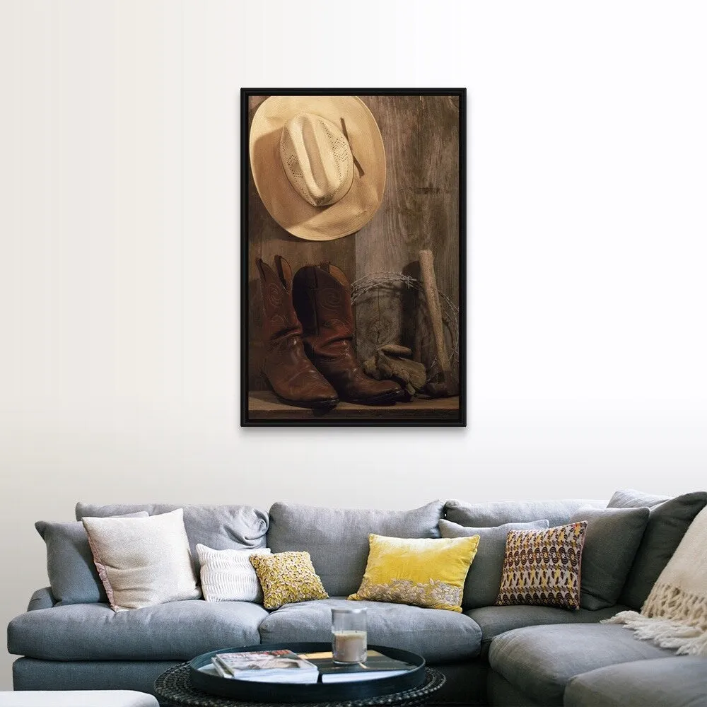 "Cowboy hat and boots, barbed wire and hammer" Black Float Frame Canvas Art