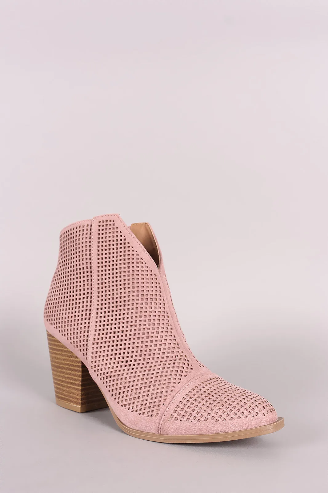 Qupid Perforated Suede V-Cut Chunky Heeled Booties