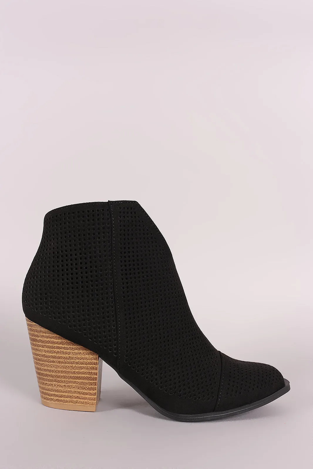 Qupid Perforated Suede V-Cut Chunky Heeled Booties