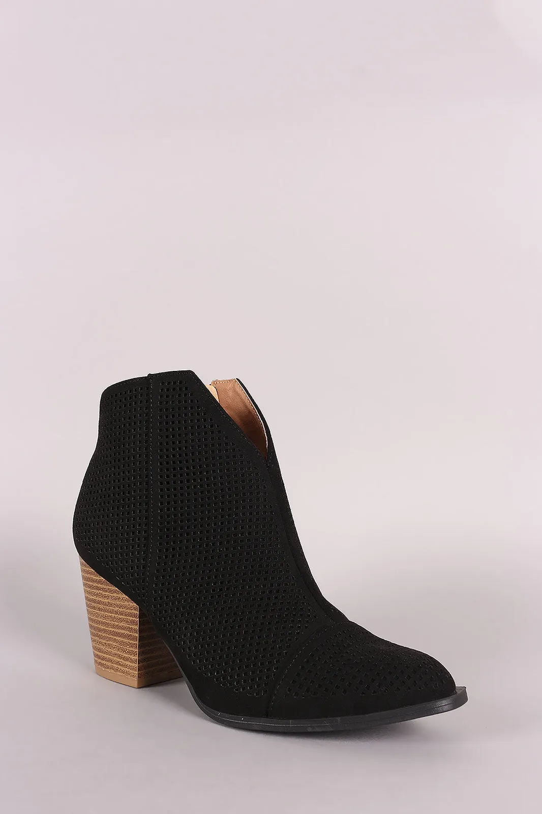 Qupid Perforated Suede V-Cut Chunky Heeled Booties