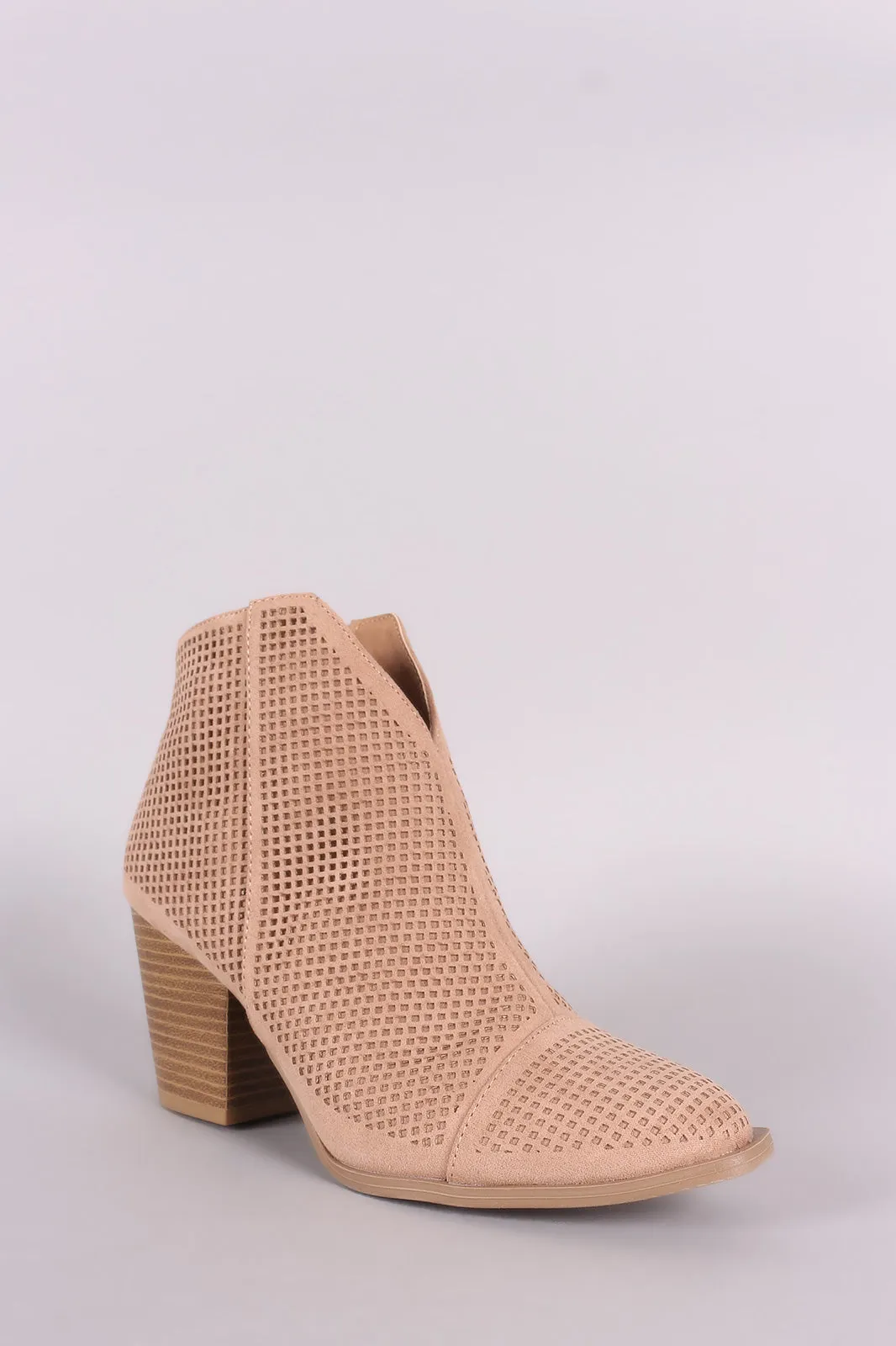 Qupid Perforated Suede V-Cut Chunky Heeled Booties