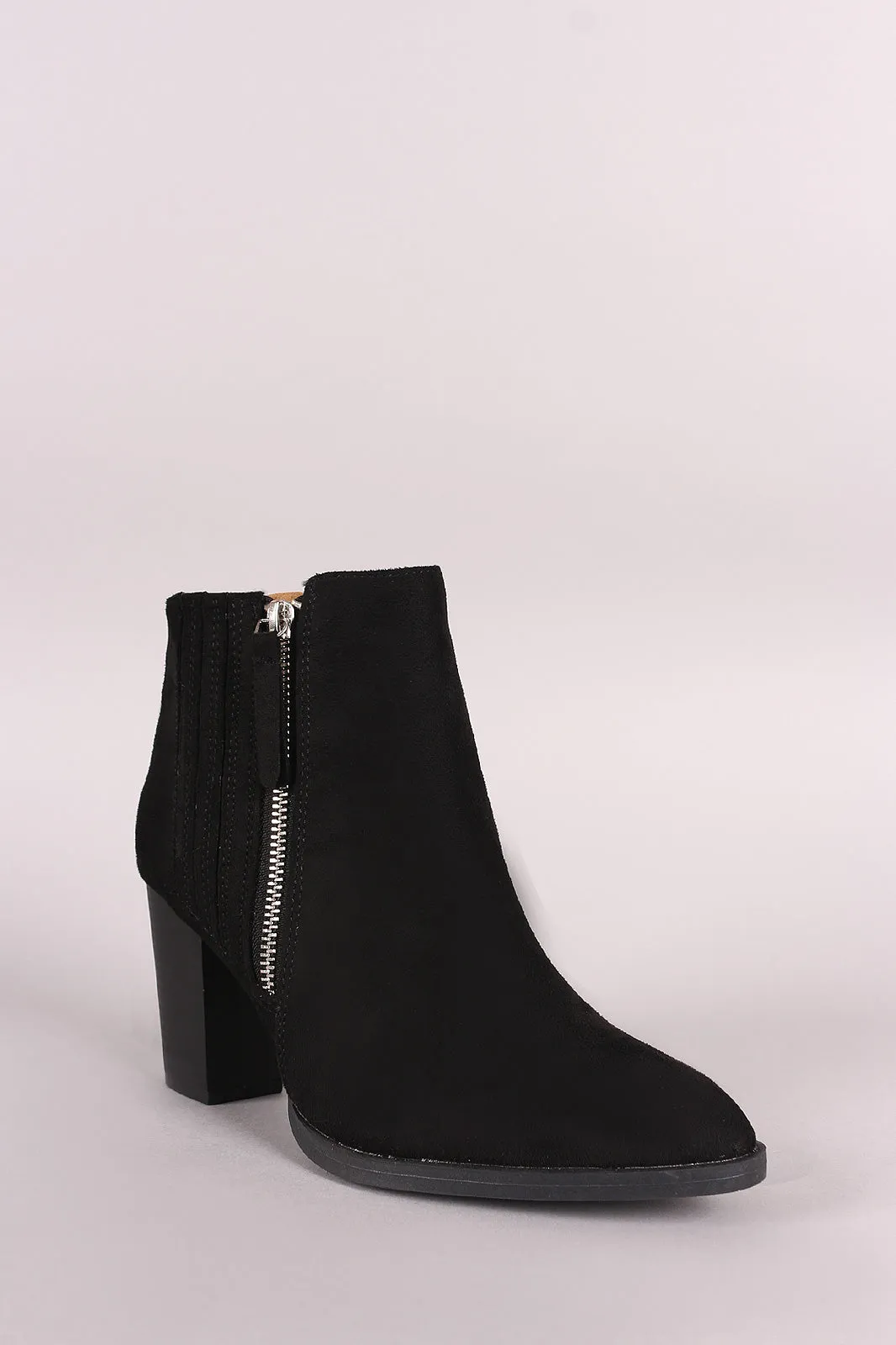 Qupid Suede Almond Toe Chunky Heeled Ankle Boots