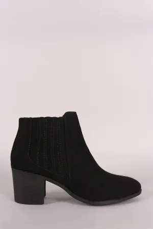 Qupid Suede Almond Toe Elastic Chunky Heeled Booties