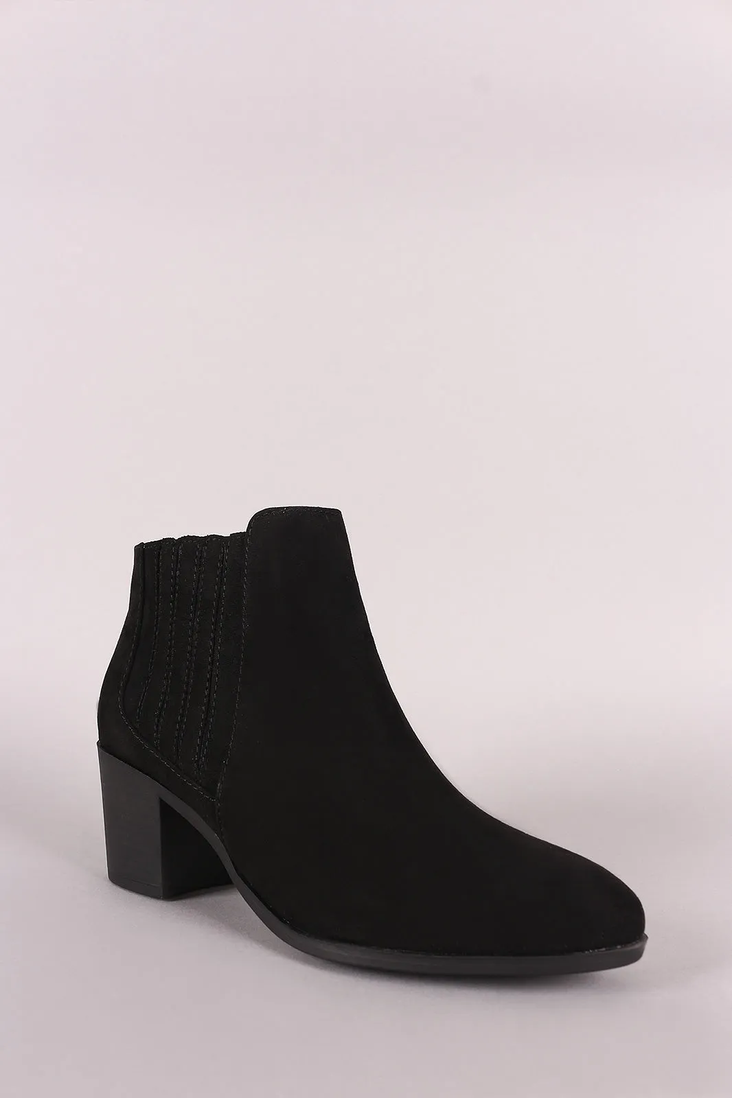 Qupid Suede Almond Toe Elastic Chunky Heeled Booties