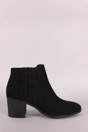 Qupid Suede Almond Toe Elastic Chunky Heeled Booties