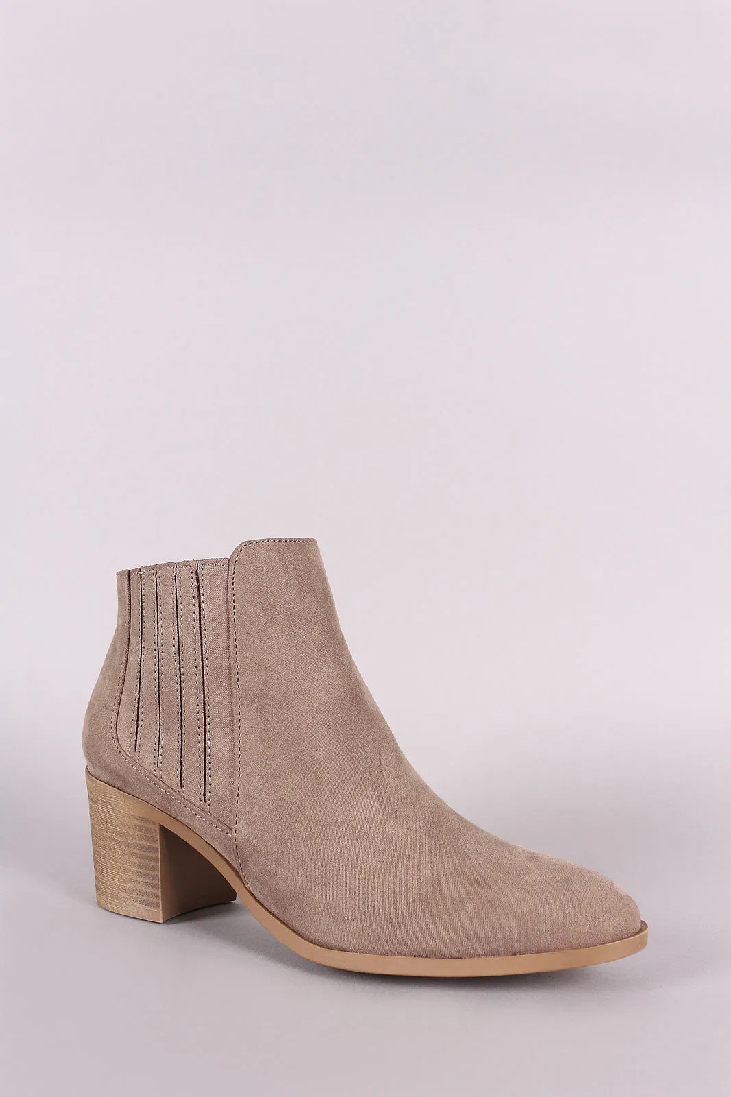 Qupid Suede Almond Toe Elastic Chunky Heeled Booties